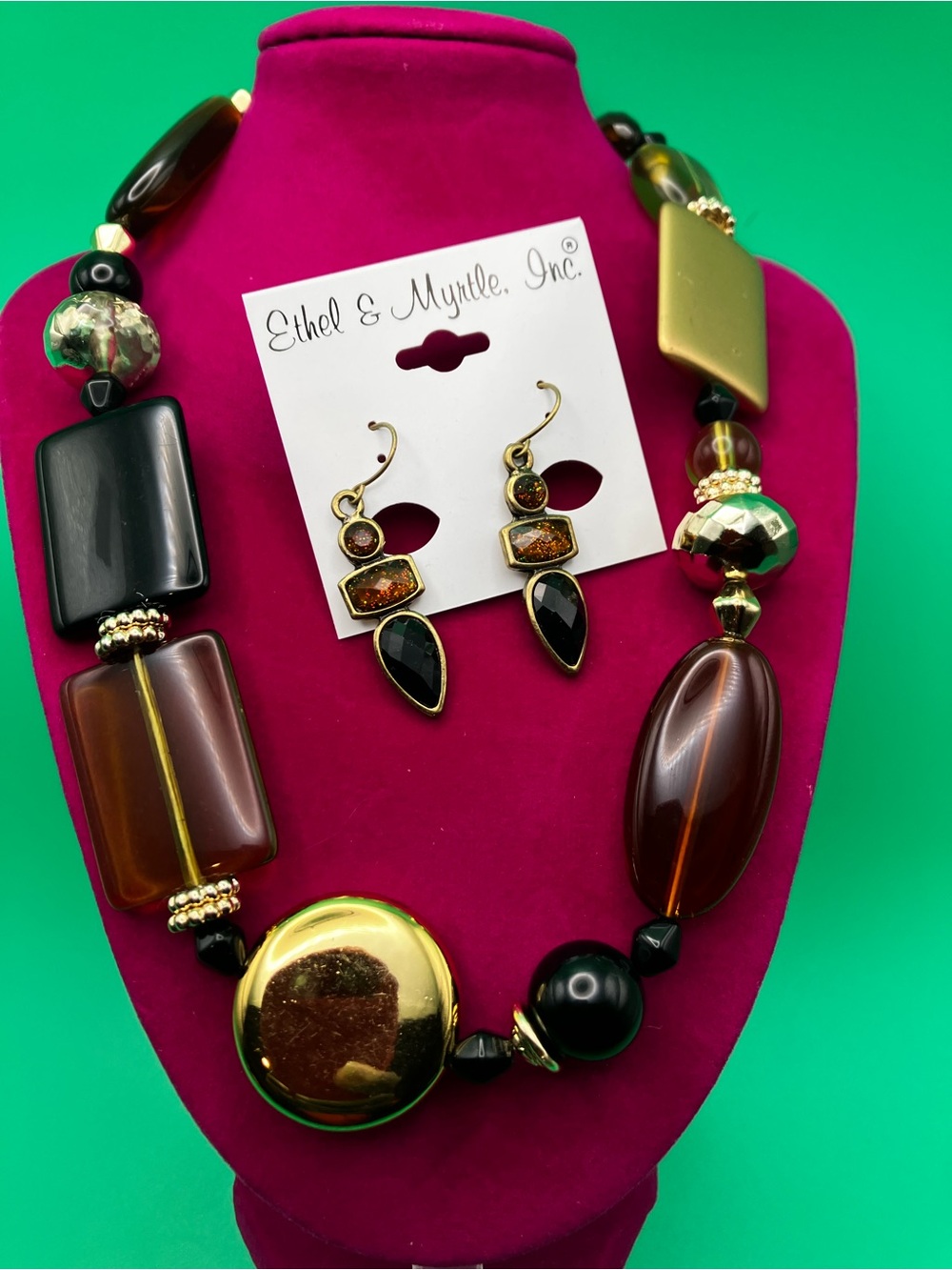 Ethel & Myrtle Gold and Brown Chunky Statement Necklace with Matching Earrings